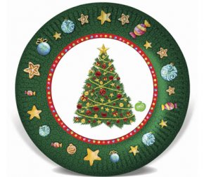 Тарелка картонная 230 мм НГ СНЕЖИНКИ зеленая (10шт/уп)  (50)